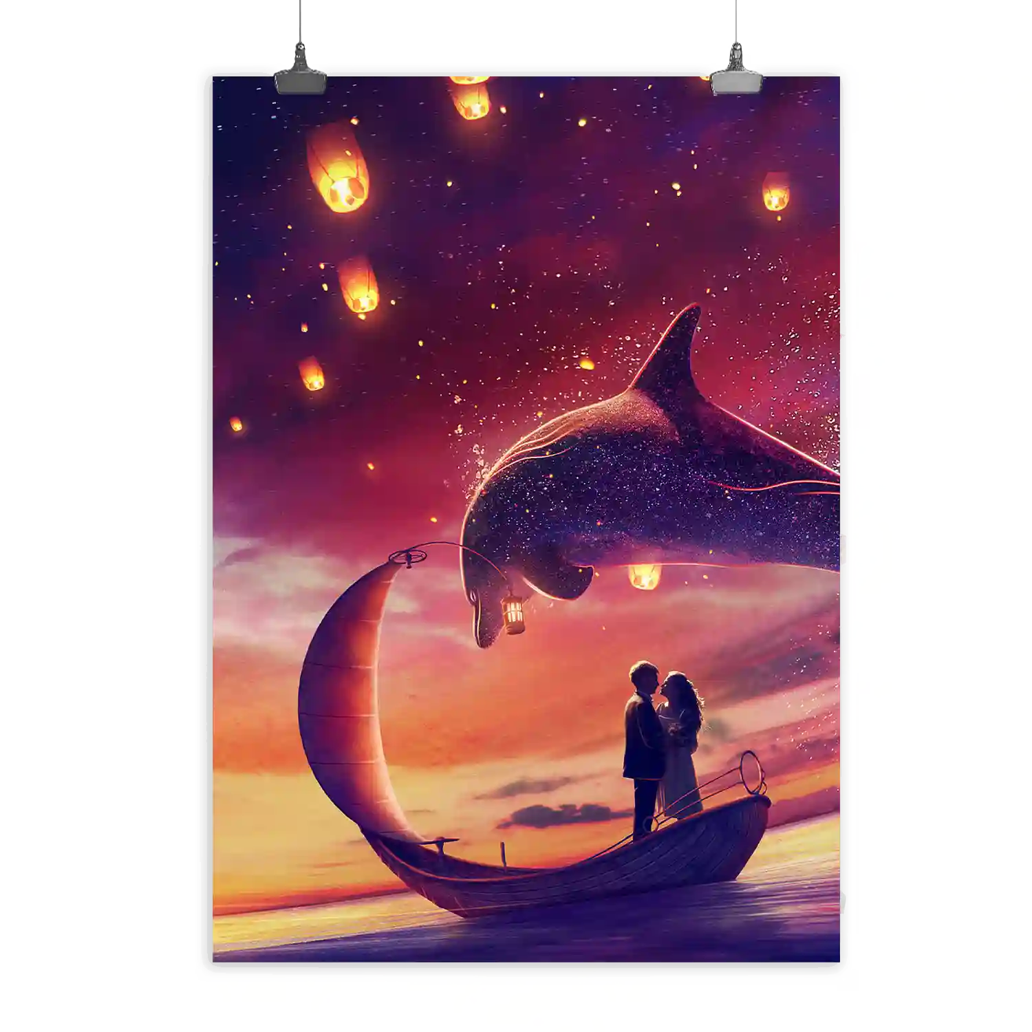 Romantic Night Sky Boat Illustration Poster Poster